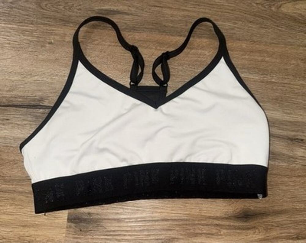PINK Victoria's Secret Sport Bra White Black Lightly Lined Racerback Mesh Small